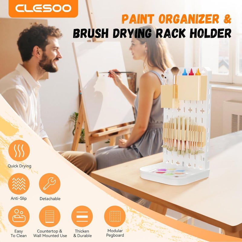 CLESOO Paint Brush Holder Silicone Paint Brush Drying Rack With Drip Tray Removable Craft Paintbrush Storage Organizer Artist Plastic Pegboard Stand Watercolor Paintbrush Container Makeup Brush Drying Rack - Image 3